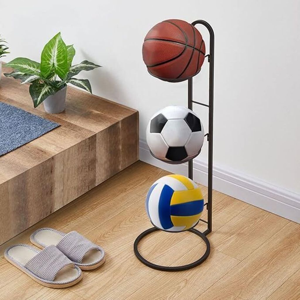 2 Stücke Aufbewahrungsregal für Sportbälle,3 Stufen Organizer für Sportgeräte,für Volleyball, Fußball, Basketball, schwarz, nagelfreie Monta...