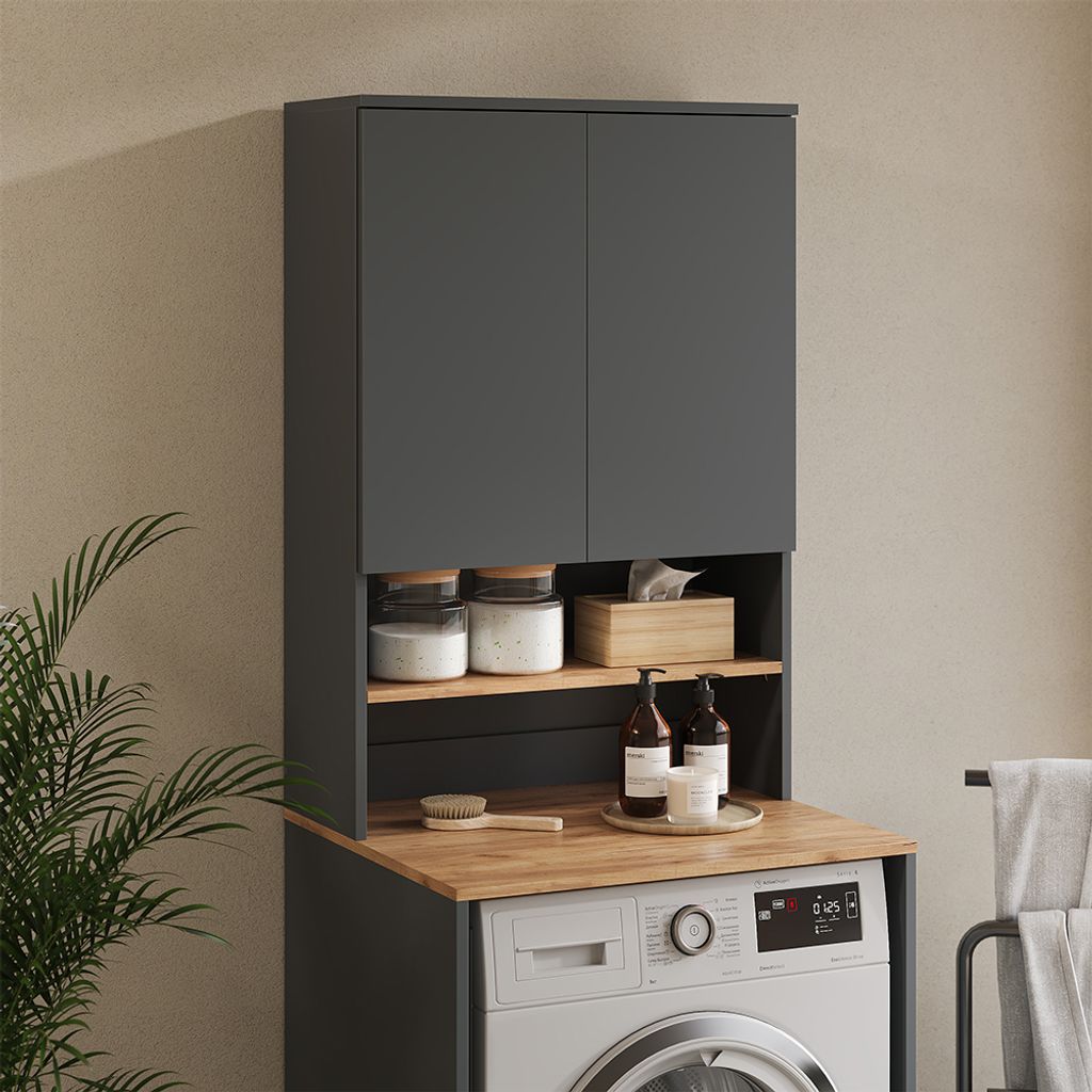 A washing machine cabinet with storage above, placed in a laundry room setting.