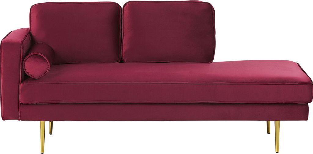 BELIANI Chaiselongue Linksseitig Dunkelrot Samt mit Goldenen Metallbeinen Lehne Kissen Nackenrolle Modern Récamiere Liegesofa für Wohnzimmer