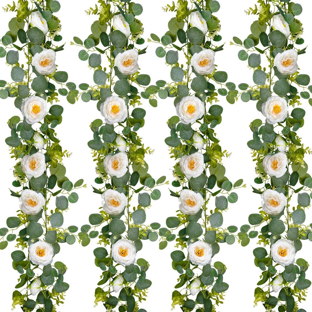 Künstlicher Eukalyptus-Rosenkranz mit weißen Blüten, 2-teilig. Blumenkranz für Hochzeitsbögen, Tischdekorationen, Partydekorationen im Innen- ...
