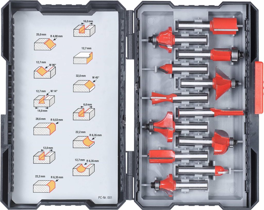 A set of router bits in a black carrying case, with diagrams of the router bit profiles on the left side of the case.