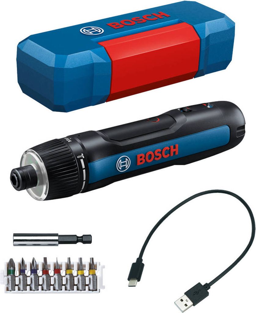 A Bosch cordless screwdriver and its accessories are displayed against a white background.