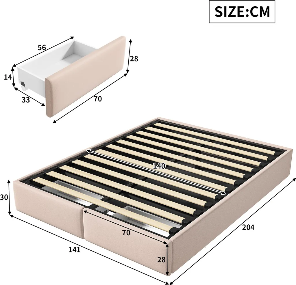 Lit en lin beige 140x200 avec support hydraulique et sommier à lattes