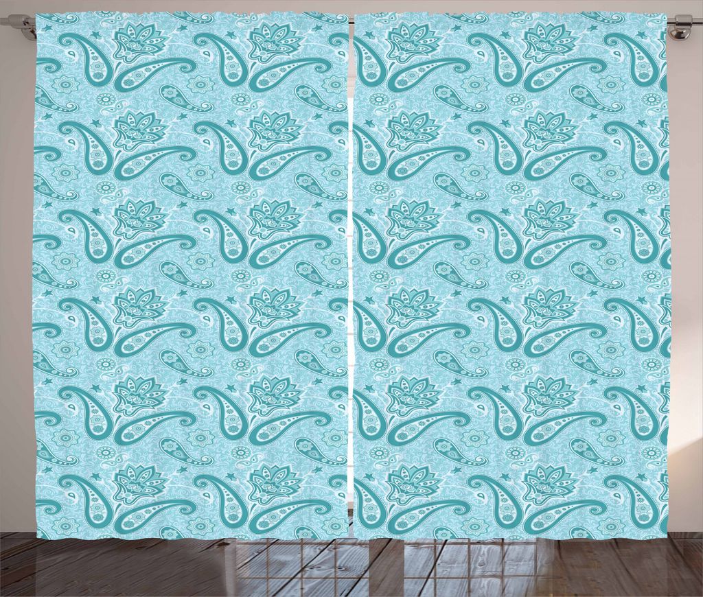 ABAKUHAUS Paisley Rustikaler Gardine, Hippie Blumen, Schlafzimmer Kräuselband Vorhang mit Schlaufen und Haken, 280 x 245 cm, Blassblau und Teal
