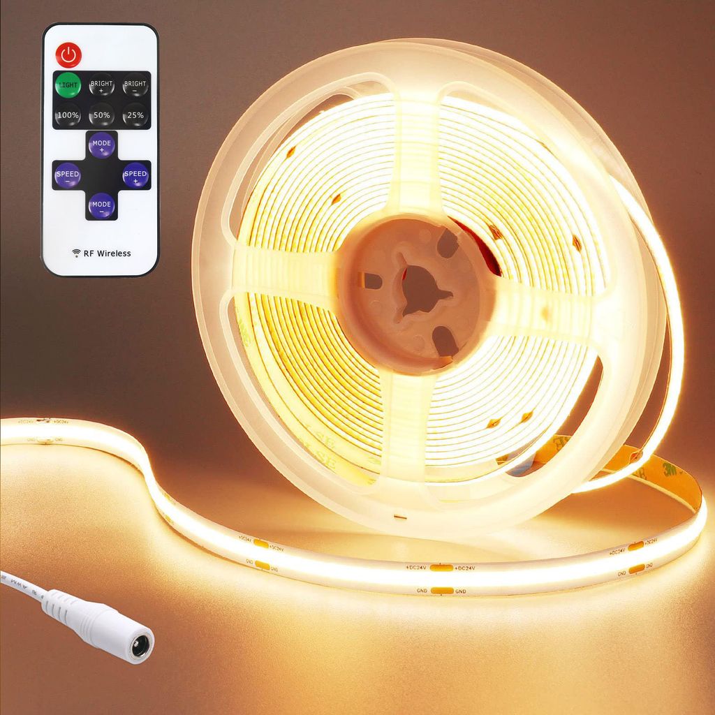 Led Strip 5m 3000k Warmweiß, 24V COB Led Streifen Mit Fernbedienung, Dimmbar Led Band Lichtband Leiste Band Für Innen Gaming Zimmer Zuhause Deko