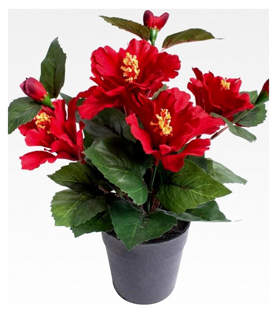 künstlicher Hibiskus mit 5 Blütenköpfen im schwarzen Kunststofftopf (rot)