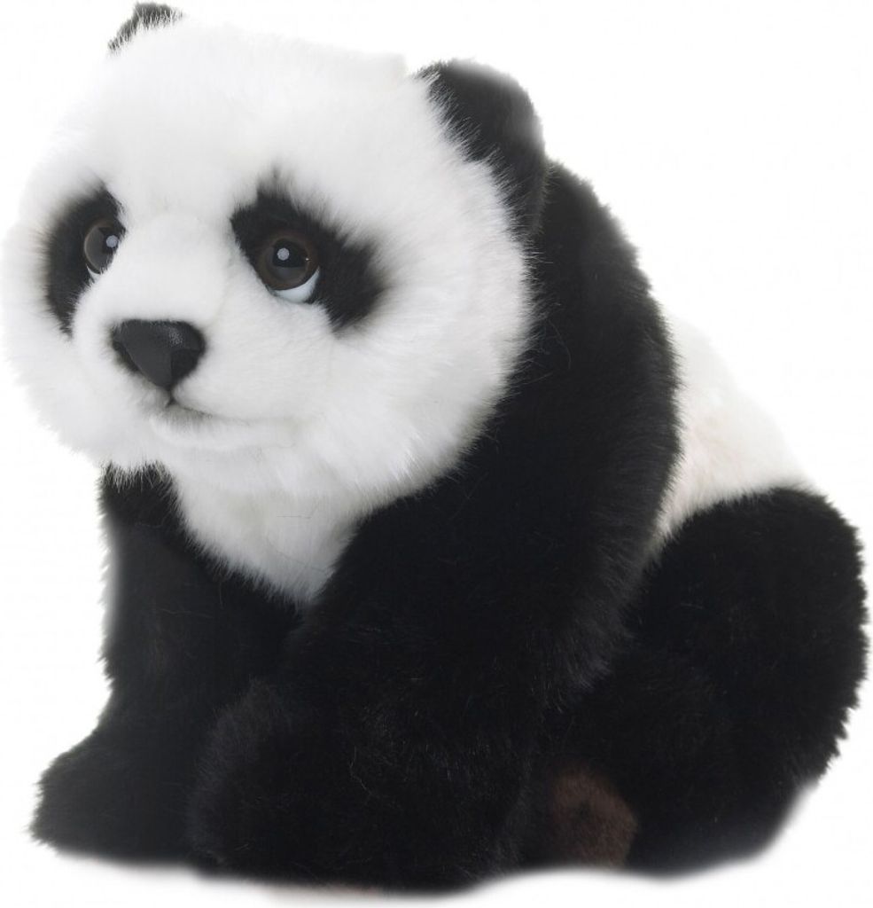 A plush toy panda sitting on a white background.