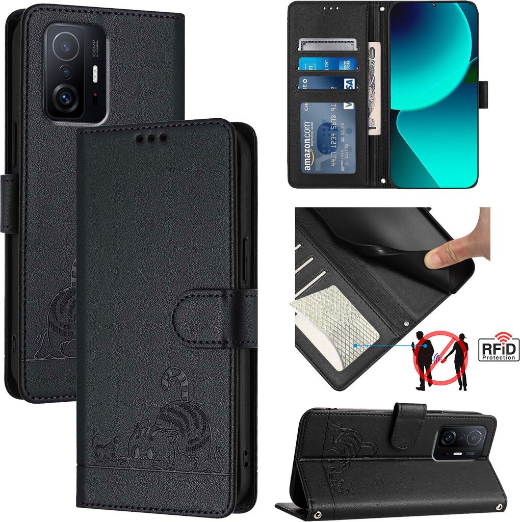 Leder Hülle für Xiaomi 11T/Xiaomi 11T Pro Süße Katze Flip Case Brieftasche Schutzhülle mit Standfunktion Schwarz