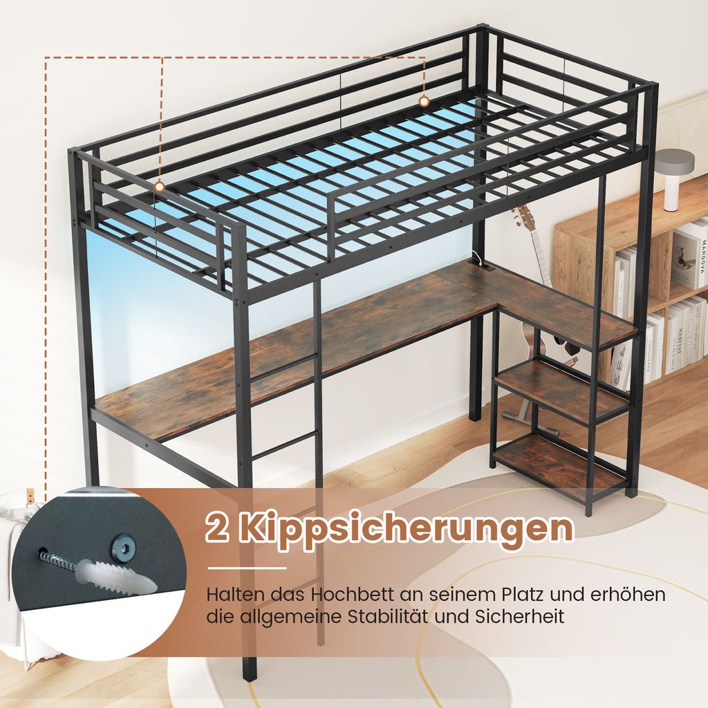 COSTWAY loft łóżko piętrowe 90x200cm z biurkiem, diodami Zdjęcie produktu 8