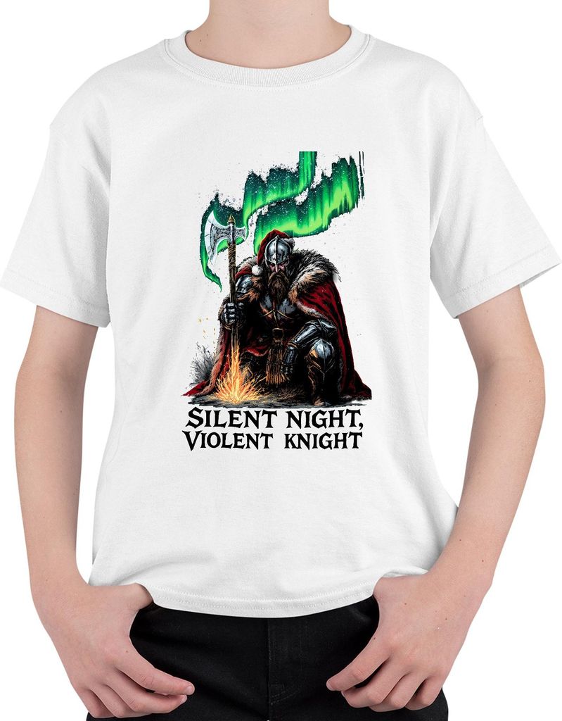 Silent Night Violent Knight Wikinger Axt Nordlicht Weihnachten Uni Kinder T-Shirt, Weiß, 152