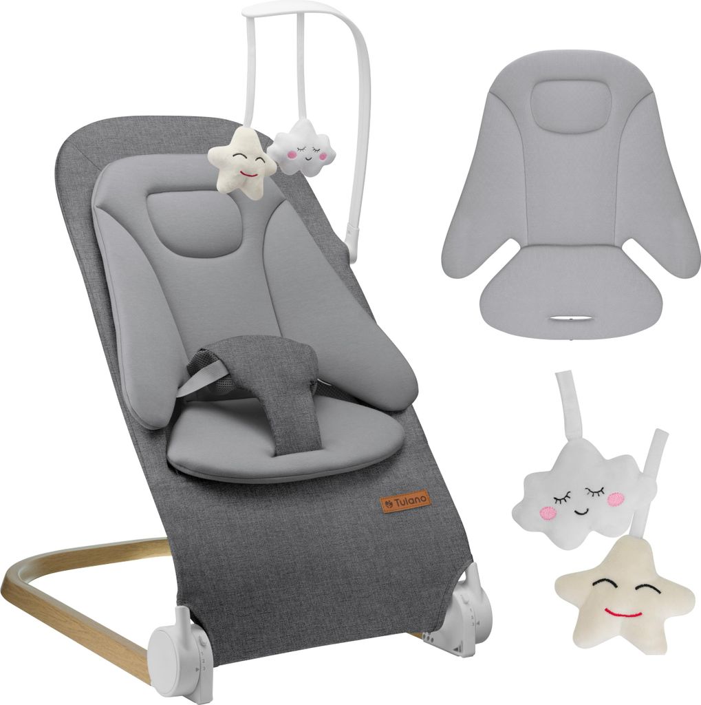 Tulano Moon 50 Babywippe Grau – 4 Rückenlehnenpositionen, Spielbogen mit Spielzeugen, UltraSoft-Matratze, abnehmbarer Bezug