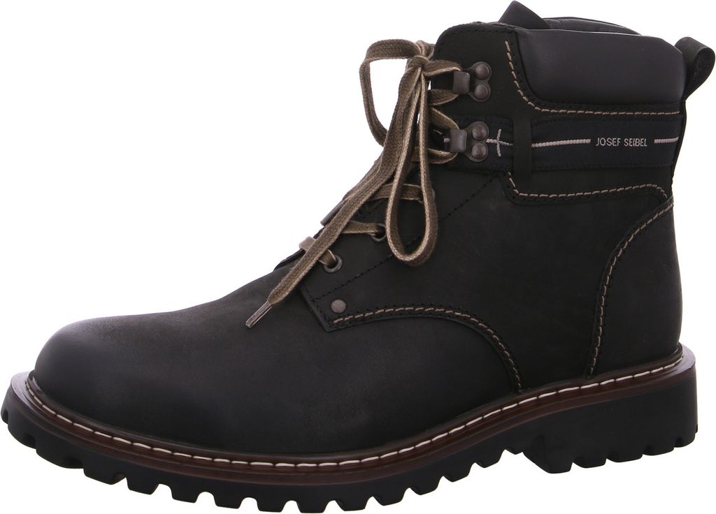 A black leather boot with laces on a white background.