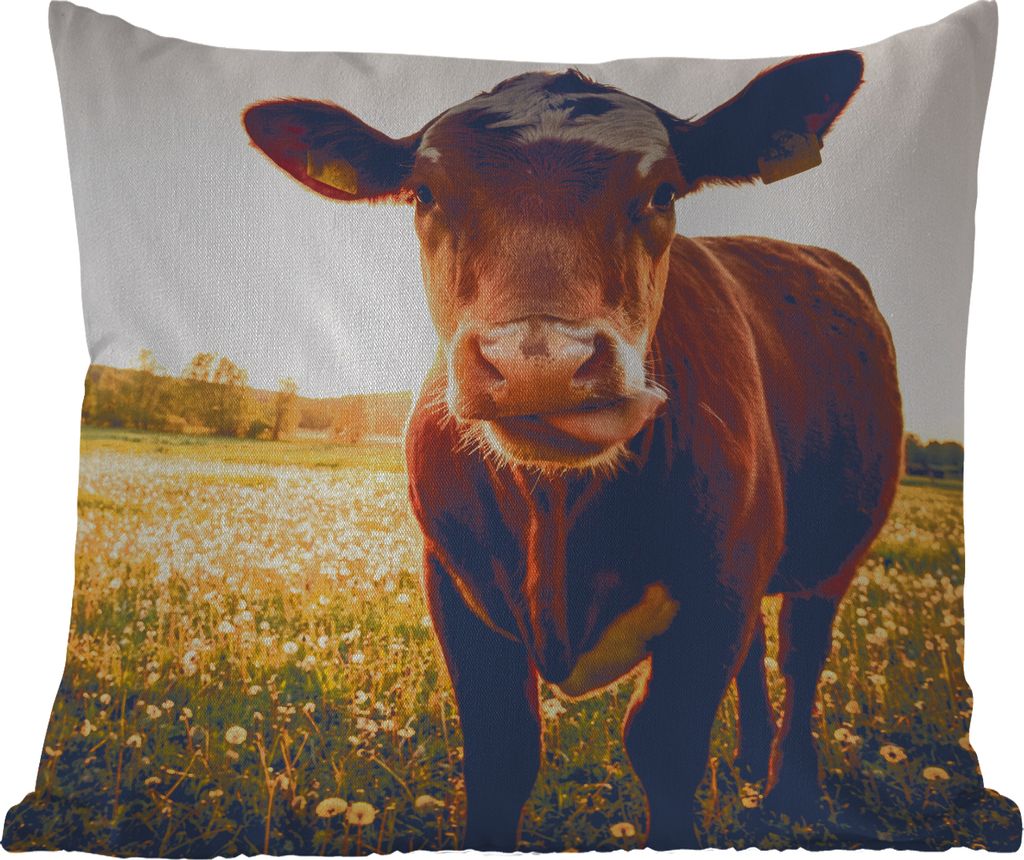 MuchoWow Outdoor Kissen - Kuh - Sonnenuntergang - Blumen - Gras - Tiere - 45x45 cm - Wetterfest - Lounge Kissen - Fotokissen - Dekoratives Kissen