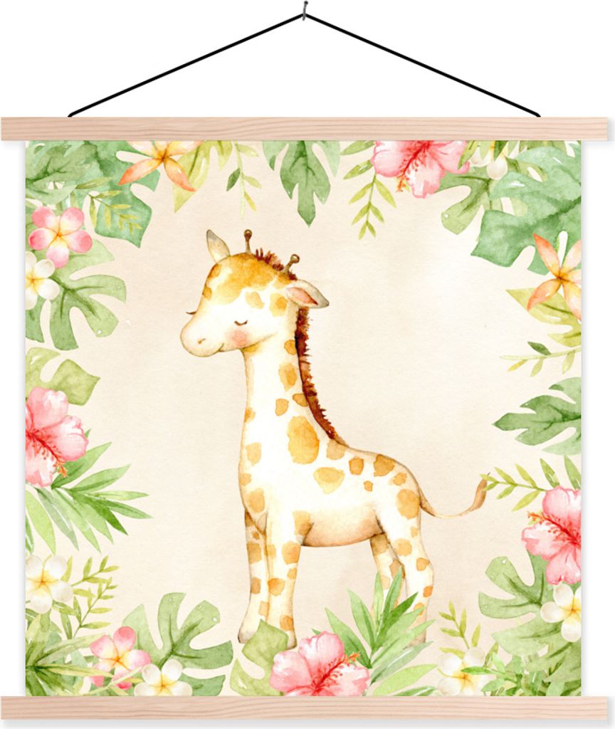 MuchoWow Textilposter Giraffe - Dschungel - Aquarell 40x40 cm mit holzfarbenen Rahmen - Posterleiste