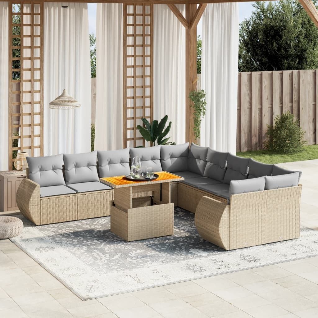 Design 11-tlg. Garten-Sofagarnitur mit Kissen Beige Poly Rattan, Gartenmöbel-Sets 2024 Neu