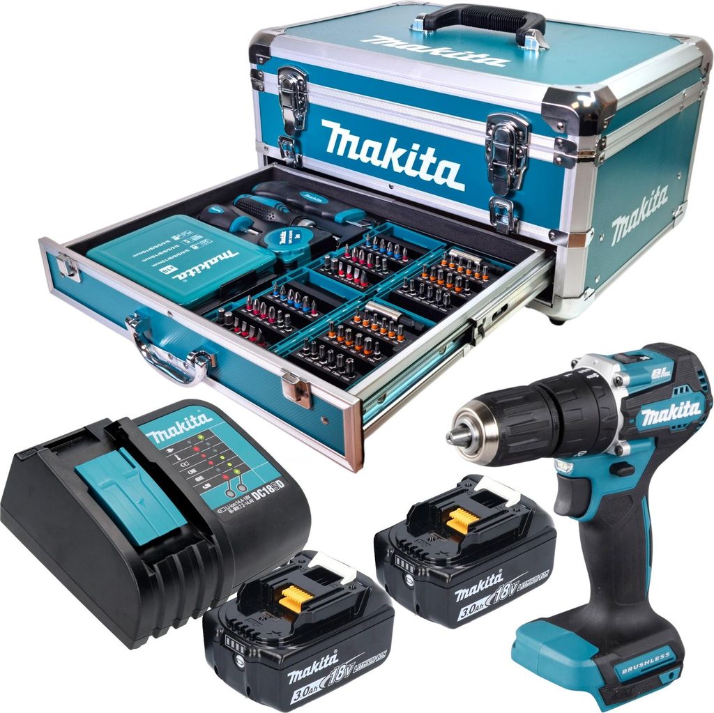 Makita DHP 487 SFX9 Akku Schlagbohrschrauber 18 V 40 Nm Brushless + 2x Akku 3,0 Ah + Ladegerät + 96 tlg. Zubehör Set + Koffer