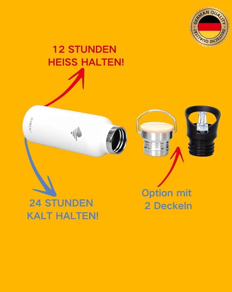 RAIKOU Trinkflasche 750ml Wasserflasche Thermoflasche mit 2 Deckel Wei?