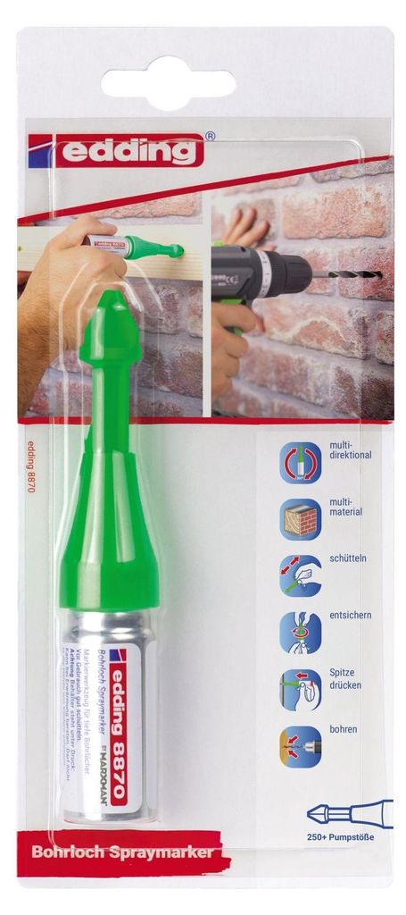 The image shows the packaging of an Edding spray marker, with a demonstration of its use on a brick wall.