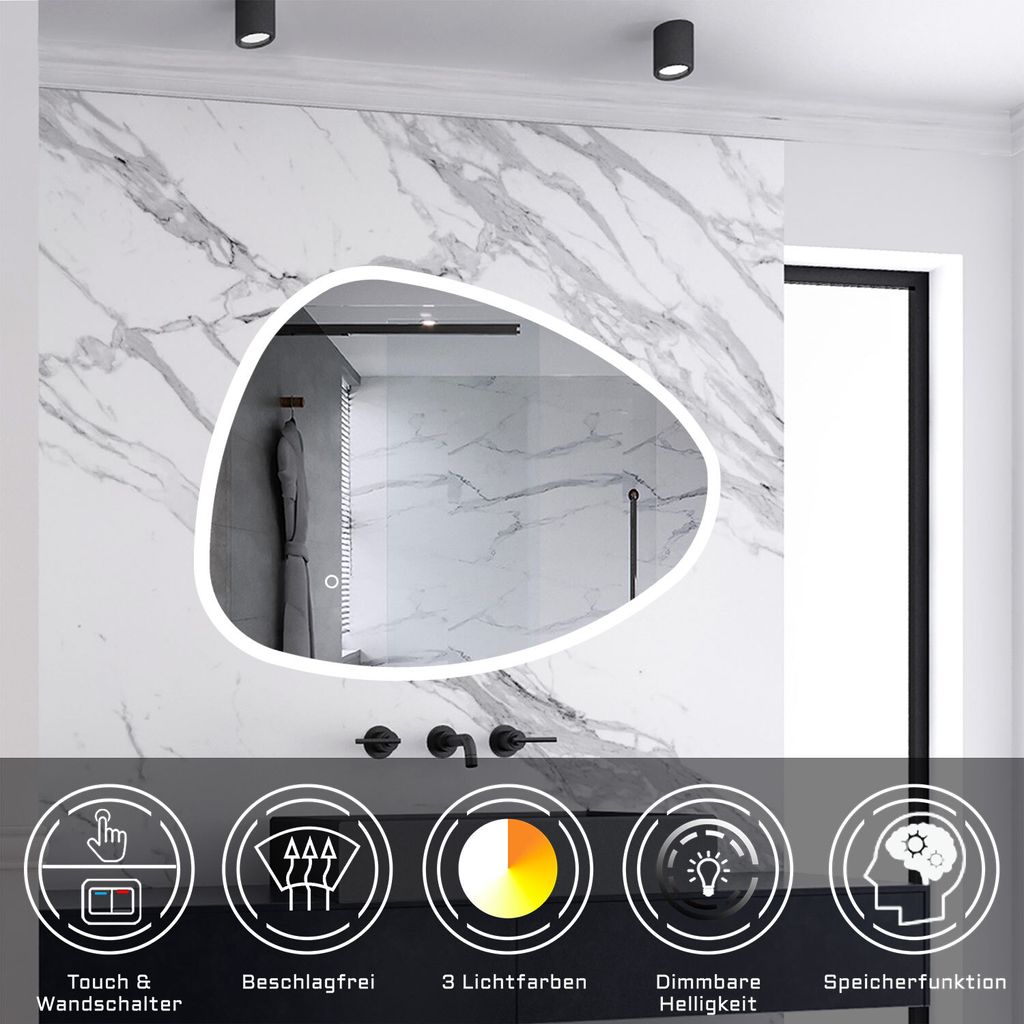 AICA LED Badspiegel 80x65cm Spezial Rund Wand/Touchschalter Produktbild 