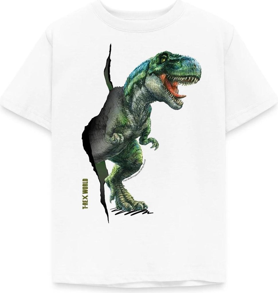 Spreadshirt T-Rex World Durch Die Wand Kinder T-Shirt, 122/128 (7-8 Jahre), Weiß