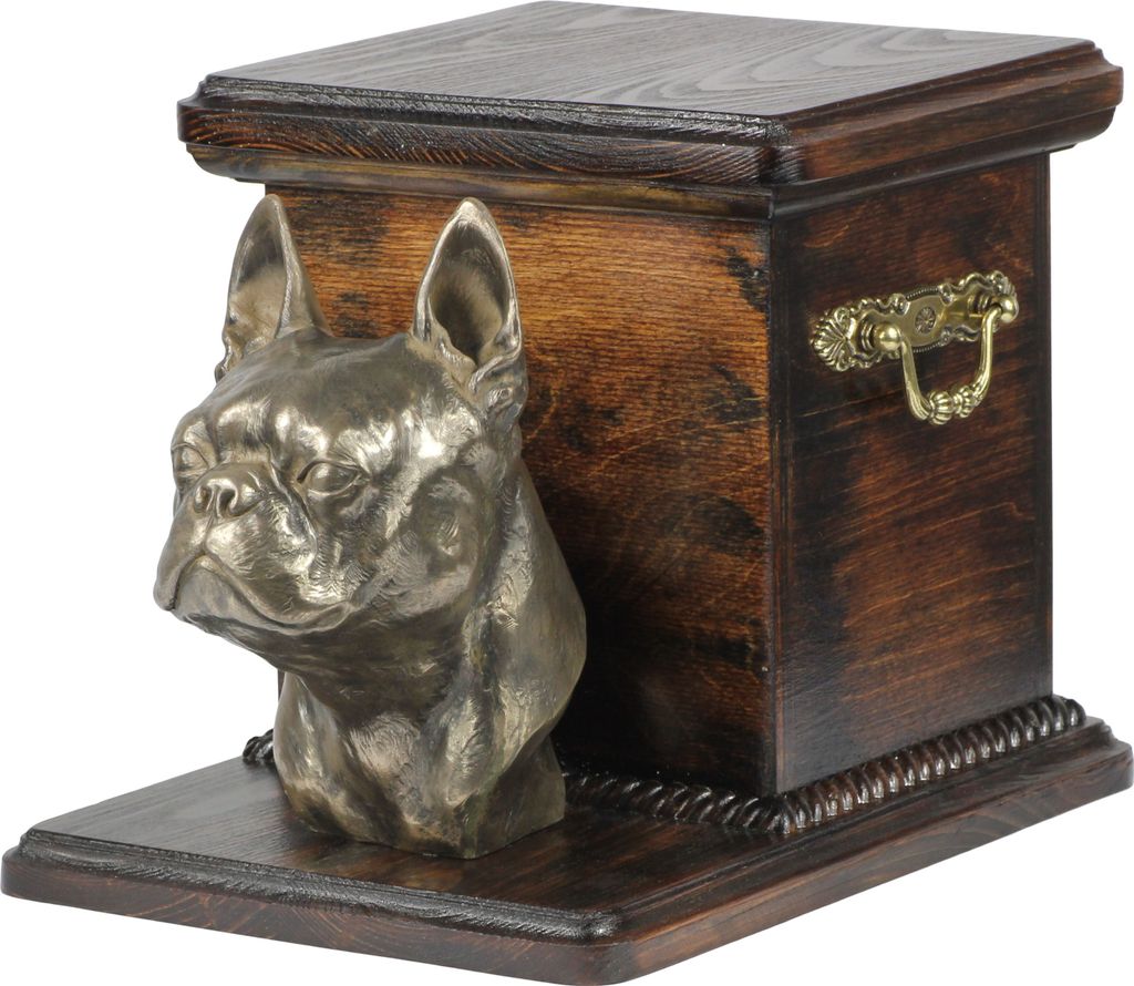 Boston Terrier - Eine Urne für die Asche eines Hundes mit einer Statuette, eine elegante Urne für einen Hund, eine außergewöhnliche Urne mit de...