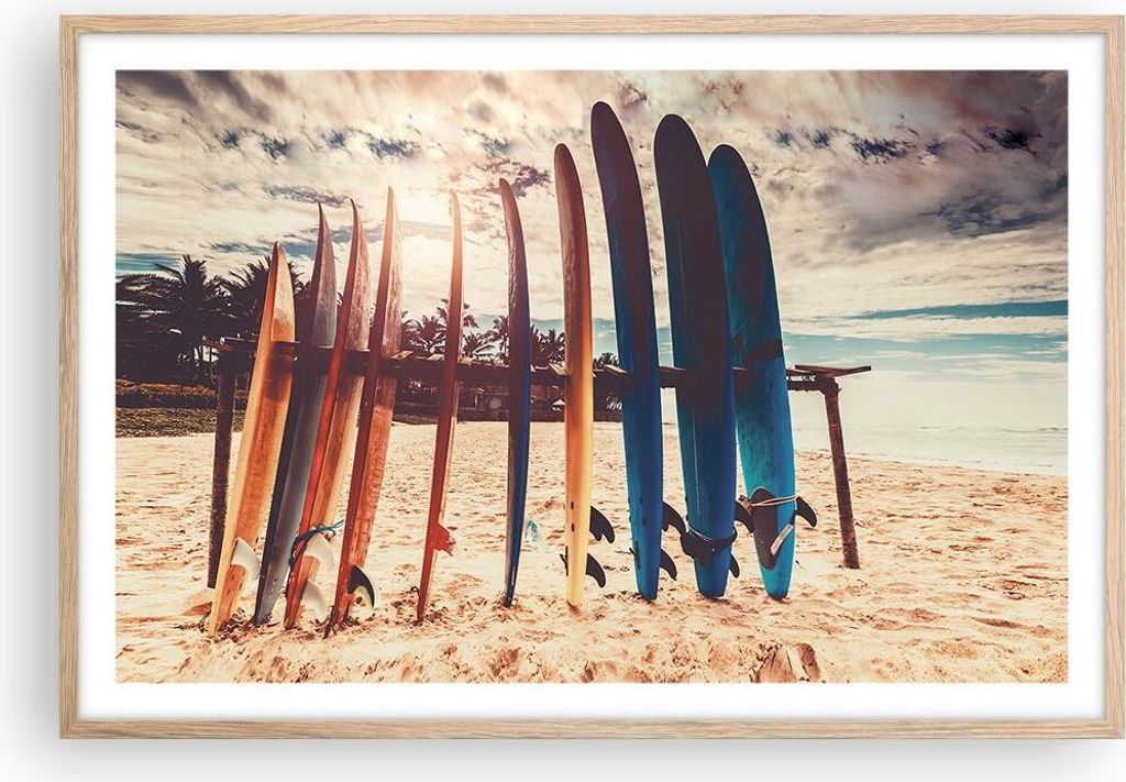 Gerahmtes Poster - Rahmen in heller Eiche - Surfen Strand Board - 91,5x61 cm - Wand Bild - Wanddeko - Wandbilder - Kunstposter - Wandposter - Bilde...