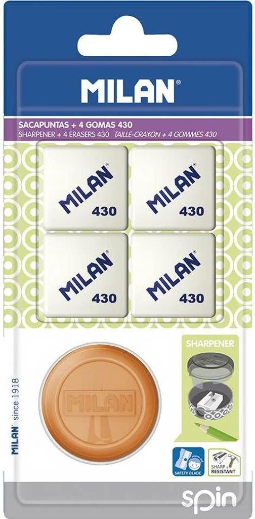 Milan Blisterpackung 1 Spin New Look Bleistiftspitzer + 4 Radiergummis Durchsichtig Durchsichtig One Size