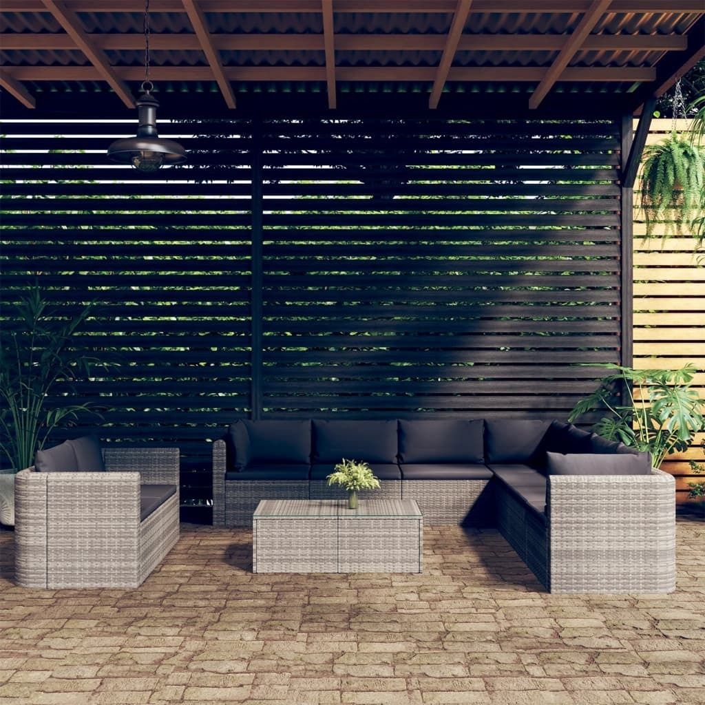 Möbel 10-tlg. Garten-Lounge-Set mit Kissen Poly Rattan Grau - Balkonmöbel 3059489