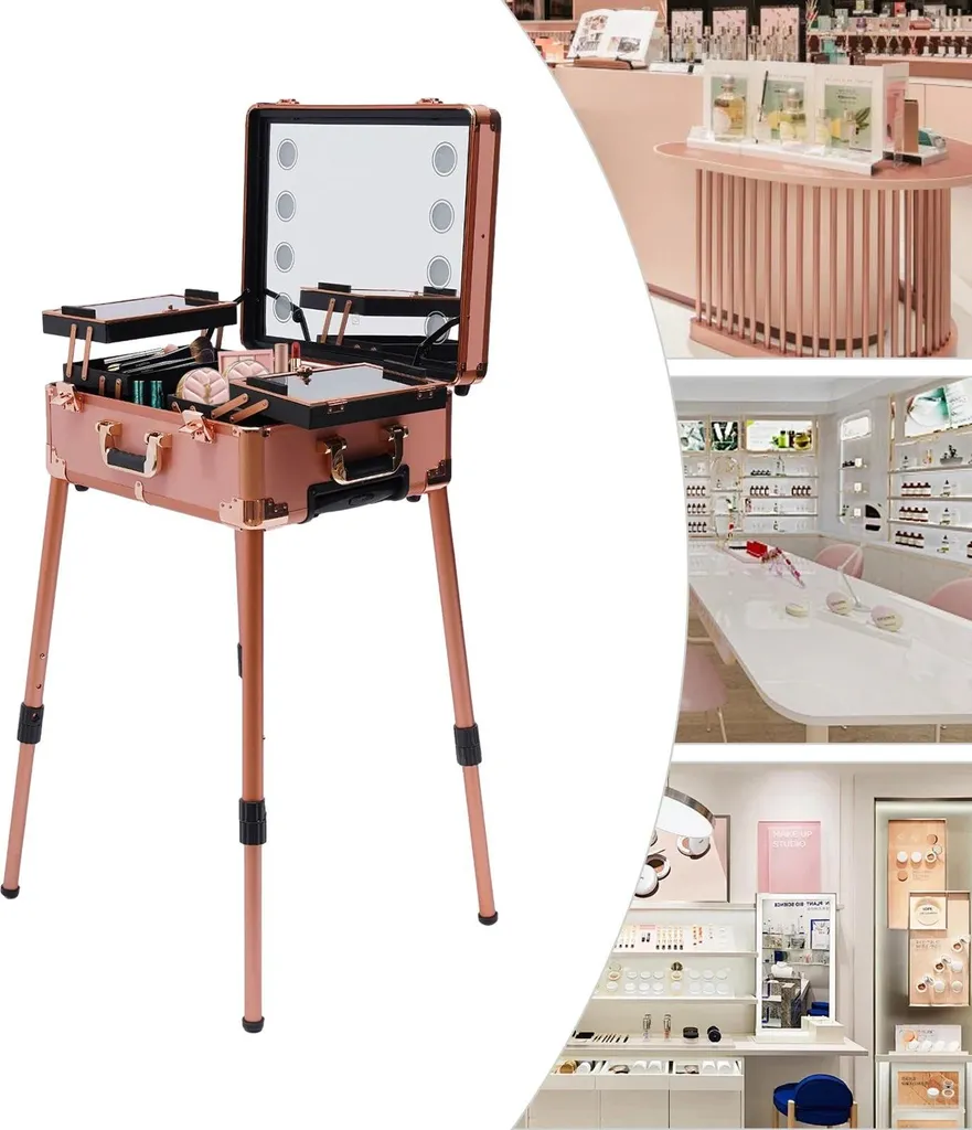 Valise de maquillage verrouillable or rose avec poignée trolley