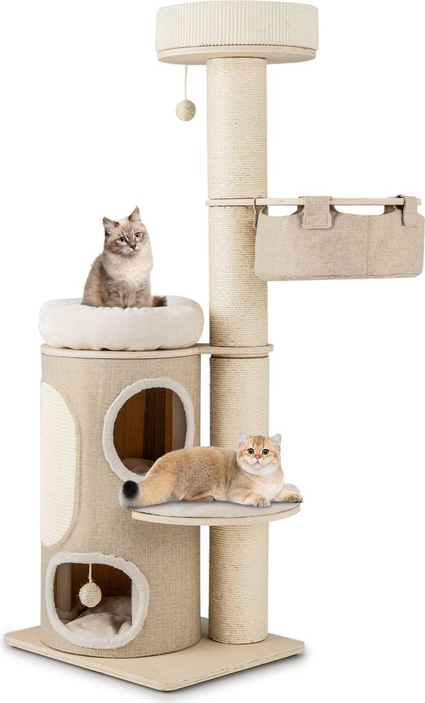A cat tree with two cats on it, set against a white background.