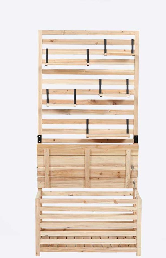 A wooden garden bench with a privacy screen and storage chest.