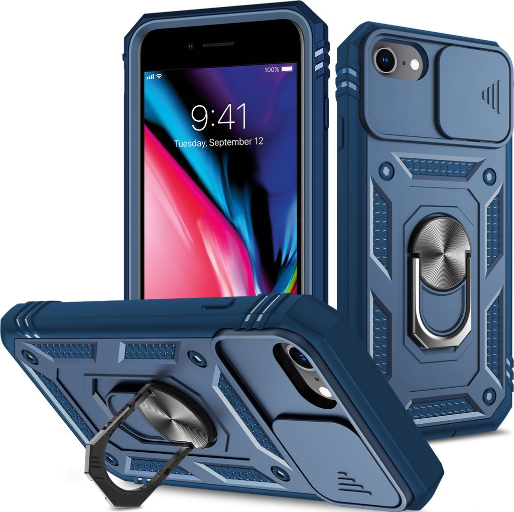 iPhone SE 2022 Hülle, Schiebe Kamera Schutz Robust Stoßfest Schutzhülle mit Ringhalterung Ständer Kartenhalter für iPhone SE 2022/iPhone SE 20...