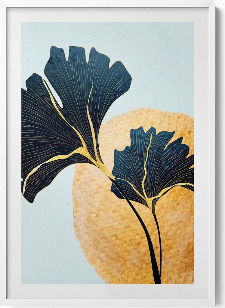Illustration von Ginkgoblättern mit goldener Sonne– Wandbild mit Rahmen – Gerahmtes Bild – Wanddekoration – 70x100 cm – Weiß Rahmen