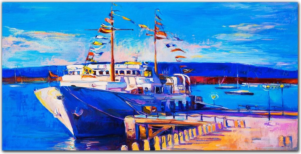 Coloray Bild aus Acryl 120 cm x 60 cm - Dekoration Wohnzimmer Wanddekoration Gehärtetes Acryl Küche Acrylblock mit Bild - Seehafen Schiffe Himmel