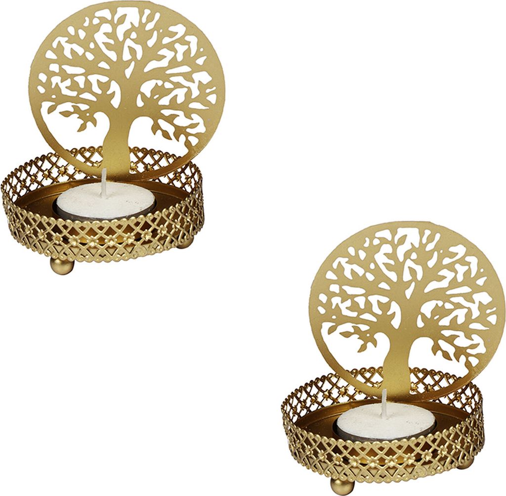 MARRAKESCH 2er Set Teelichthalter Baum des Lebens 8cm Gold aus Metall als Hochzeitsdeko oder Tischdeko Dentro