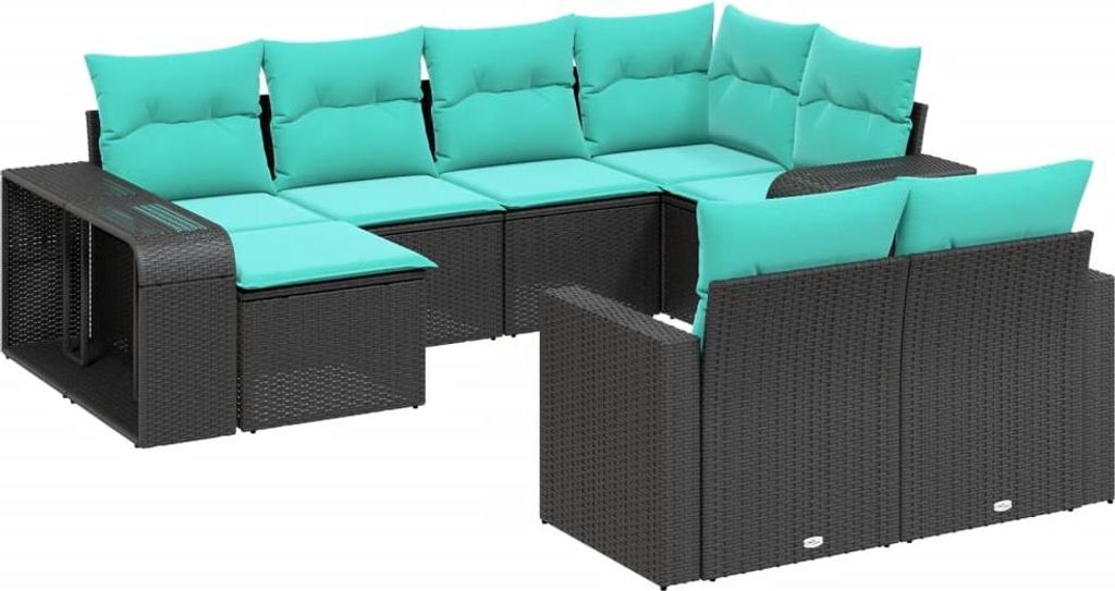 vidaXL 10-teiliges Gartensofa-Set mit Kissen, schwarzes Polyrattan