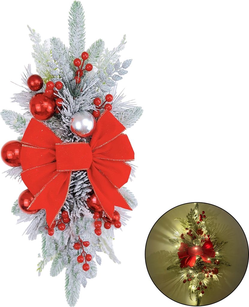 Weihnachtskranz zum Aufhängen,festliche künstliche Pflanze, LED-Lichterkette, Weihnachtsdekoration für Wand und Tür, Girlande, Rot 1, 45 cm