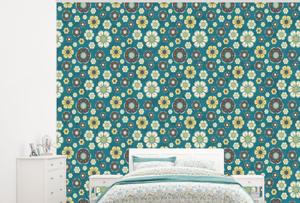 MuchoWow Fototapete für Wohnzimmer oder Schlafzimmer Wandtapete Vinyl Motivtapete Retro - Blumen - Muster - Blau - 300x240 cm - Fototapeten