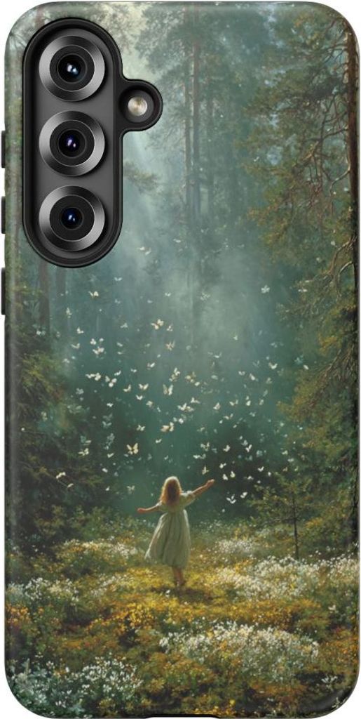 Mädchen im sonnendurchfluteten Wald mit Schmetterlingen – Hülle Kompatibel mit Samsung Galaxy S25 Plus