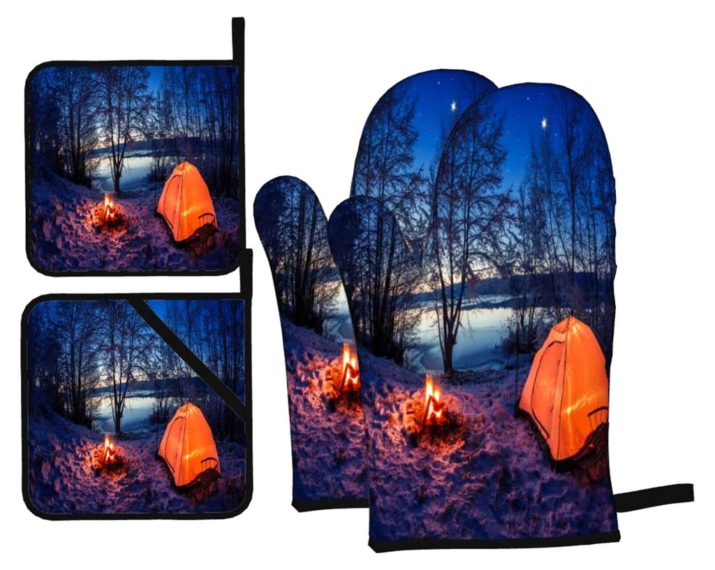Ofenhandschuhe und Topflappen-Sets, Nacht-Naturlandschaftsmuster, 4 Stück, zum Backen und Grillen