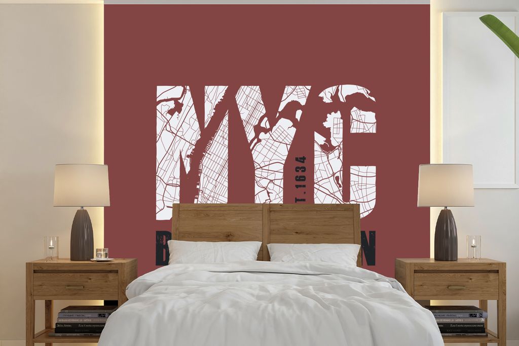 MuchoWow Fototapete für Wohnzimmer oder Schlafzimmer Wandtapete Vinyl Motivtapete New York - Rot - Karte - 300x300 cm - Wanddekoration