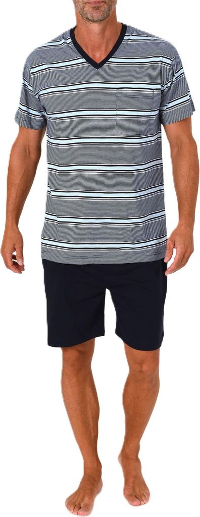 Normann Herren Schlafanzug Shorty kurzarm Pyjama in Streifenoptik – auch in Übergröße ; blau , 54