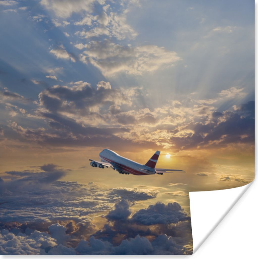 MuchoWow Poster Ein Flugzeug fliegt durch den Himmel mit Sonnenstrahlen 100x100 cm - Babyzimmer
