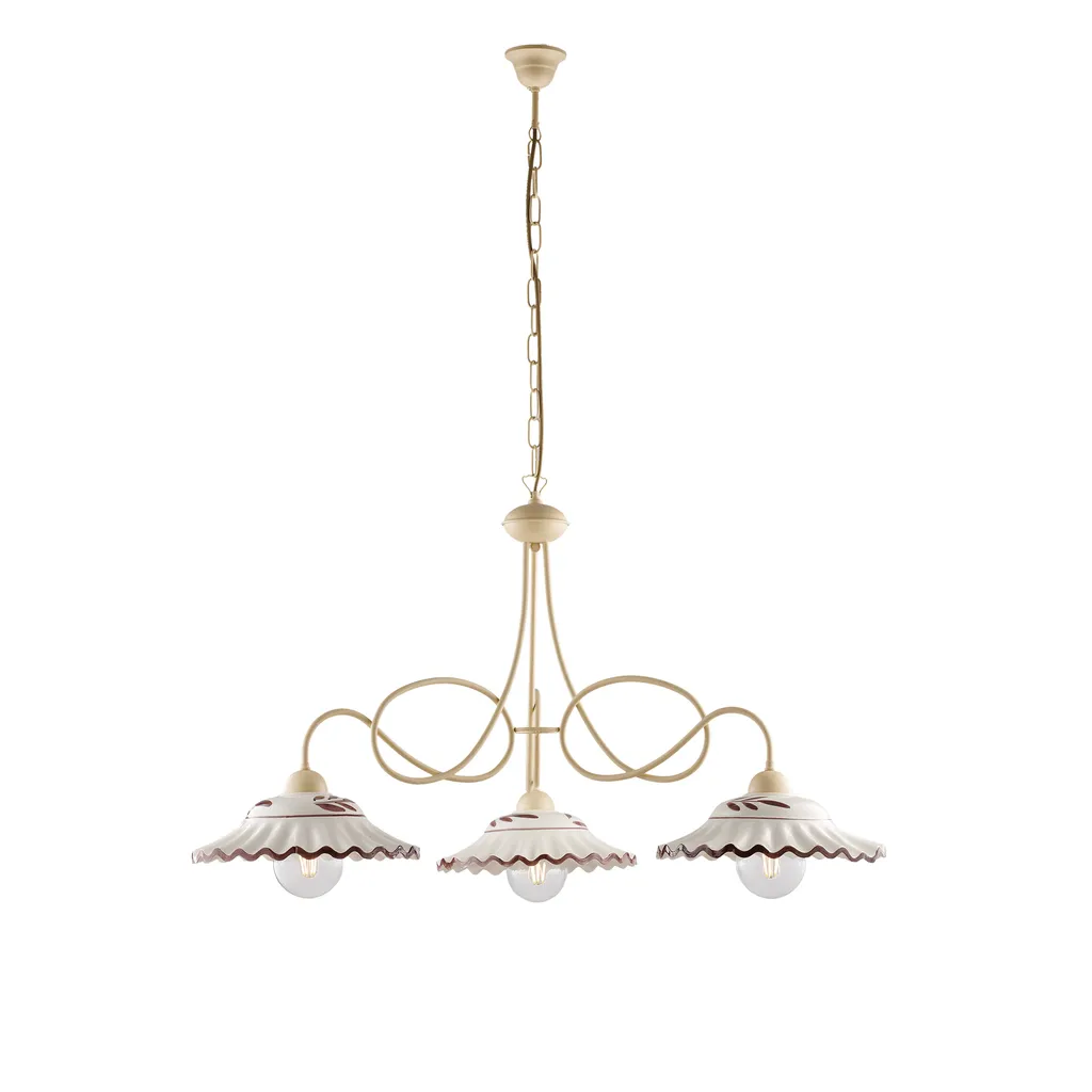 Lustre 3 lumières céramique d.30 et fer forgé ivoire patiné style rétro