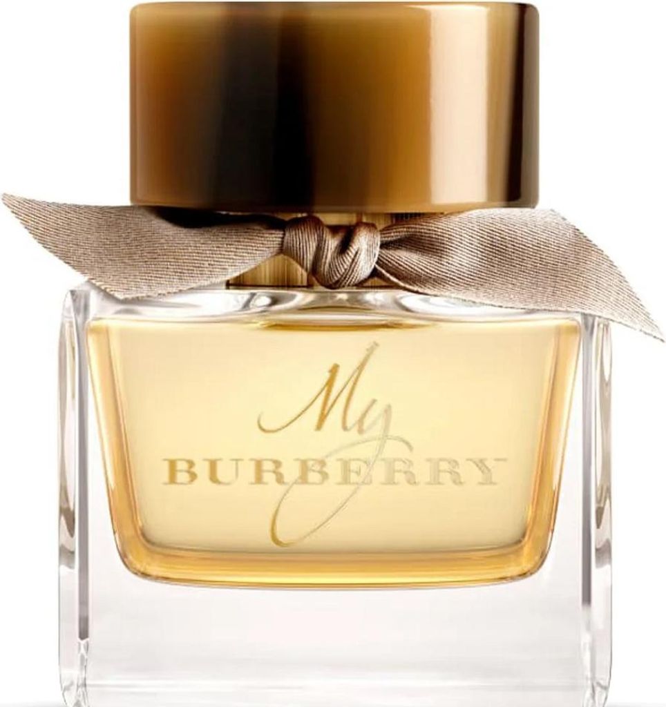 A close-up studio shot of a Burberry My Burberry eau de Parfum bottle.