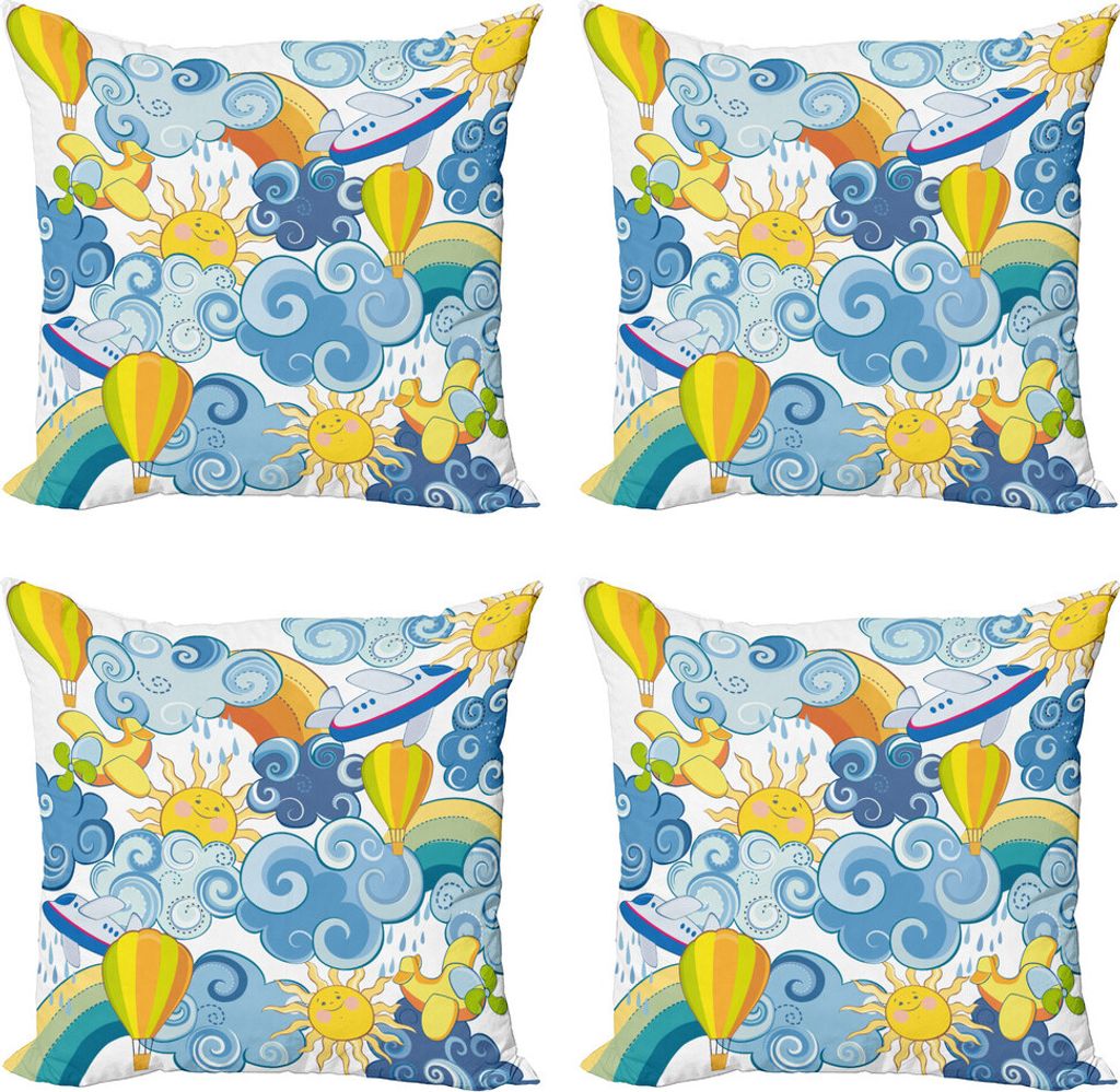 ABAKUHAUS Himmel Kissenbezug Set (4 Stück), Sun Flugzeuge und Ballone, Moderner Doppelseitiger Digitaldruck, 50 cm x 50 cm, Gelb und Hellblau