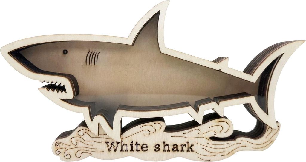 Haifischzahn-Schaukasten, Holz, Haifischform, Schattenkasten, Schreibtisch-Sammlungsvitrine für Münzmuschelsammler, Haifischliebhaber