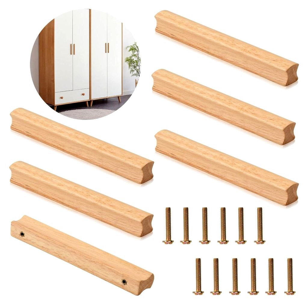 6 Möbelgriffe aus Holz, Schrankgriffe mit Schrauben, Lochabstand 160 mm, Universelle Küchengriffe für Schränke, Büros und Küchen