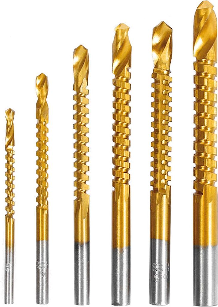 Titanium Coated HSS Twist Drill Bits - 6pcs 3-8mm Serrated Grooving Cutting Carpenter Side Cutting Tap Spiral Saw Drill Bit Woodworking Wood Metal ...