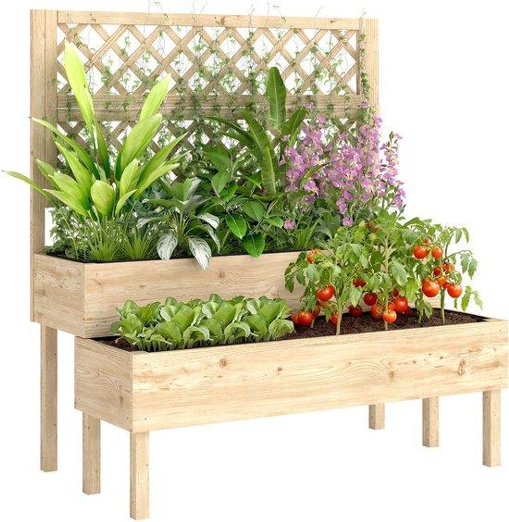 Hocher Plantenbak mit Klimrek, 2-fach erhöhte Blumenvase mit 2 Pflanzern, Holz 108 x 62 x 120 cm